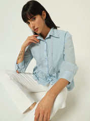 Beatnik Floral Embroidered Cotton Schiffli Cambric Blue Peplum Top
