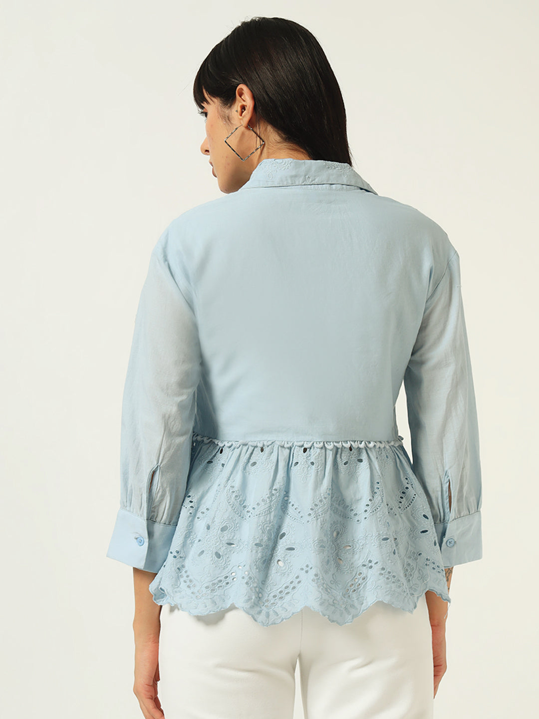 Beatnik Floral Embroidered Cotton Schiffli Cambric Blue Peplum Top