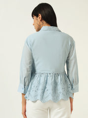 Beatnik Floral Embroidered Cotton Schiffli Cambric Blue Peplum Top