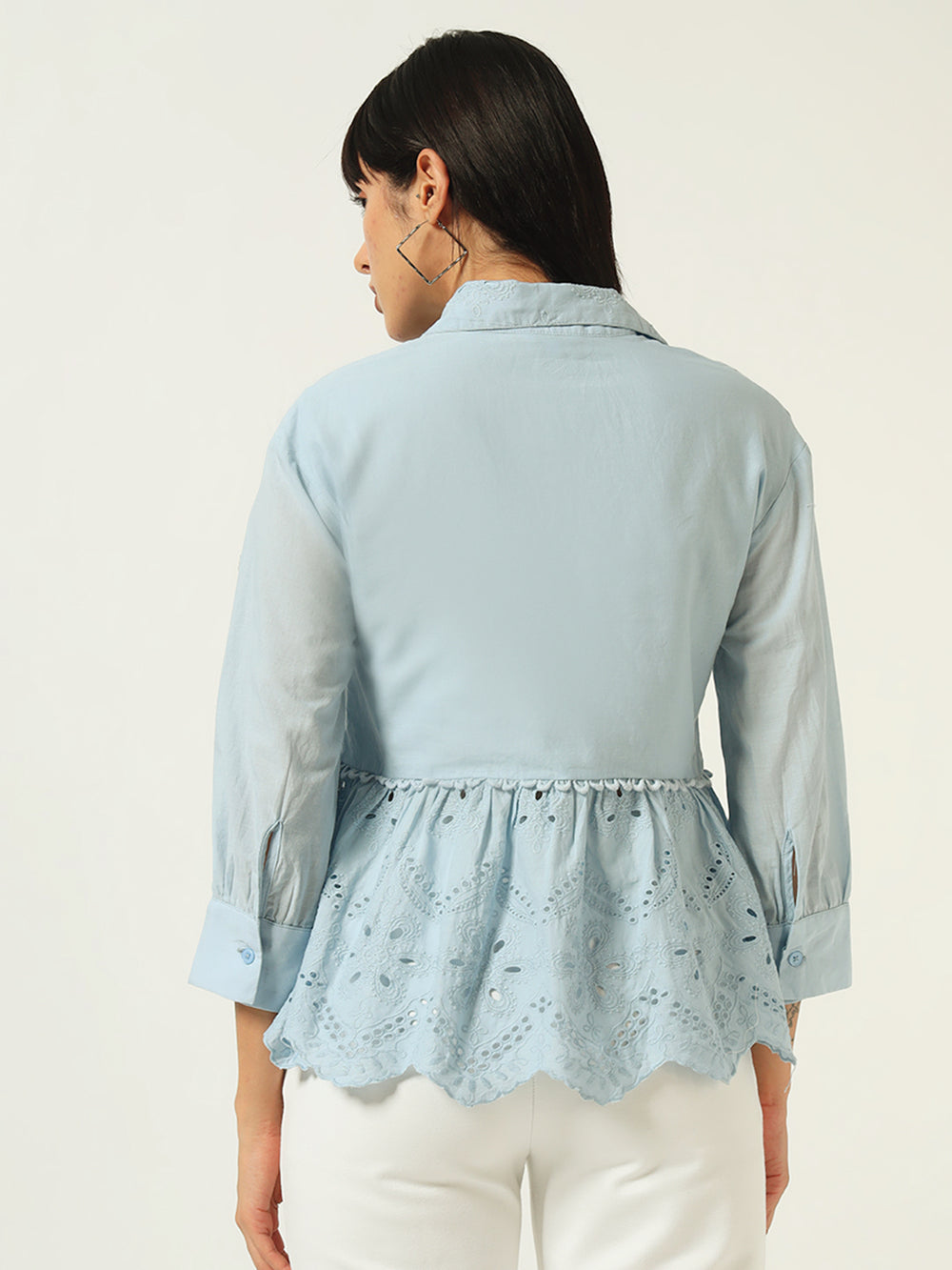 Beatnik Floral Embroidered Cotton Schiffli Cambric Blue Peplum Top
