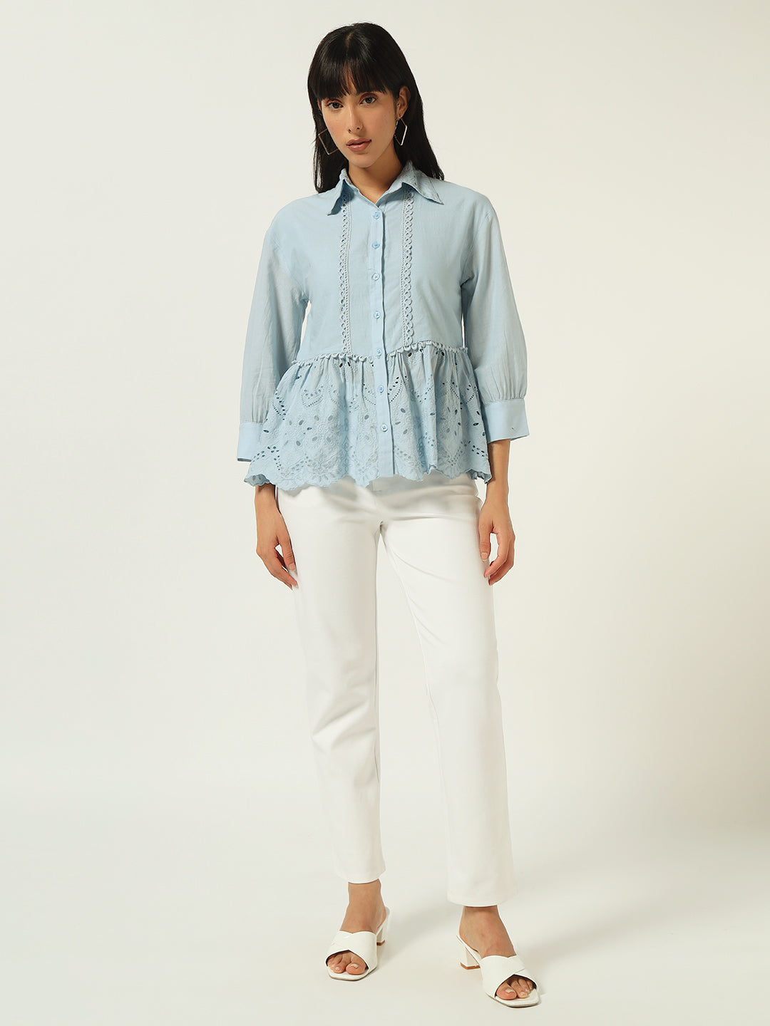 Beatnik Floral Embroidered Cotton Schiffli Cambric Blue Peplum Top