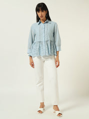 Beatnik Floral Embroidered Cotton Schiffli Cambric Blue Peplum Top