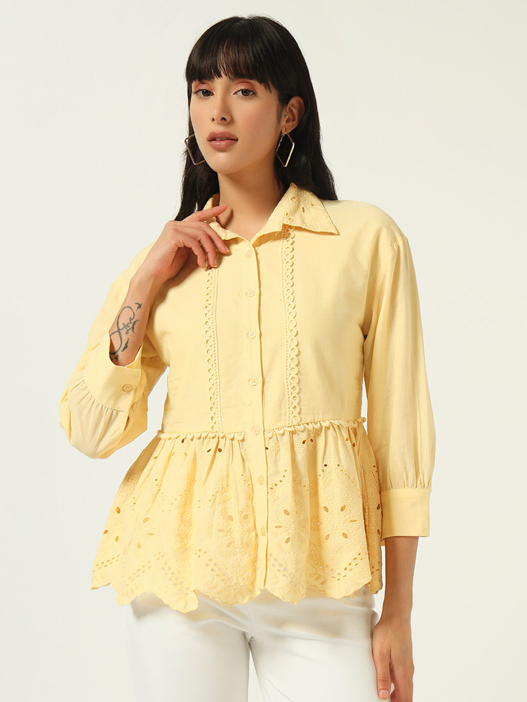 Beatnik Floral Embroidered Cotton Schiffli Cambric Yellow Peplum Top