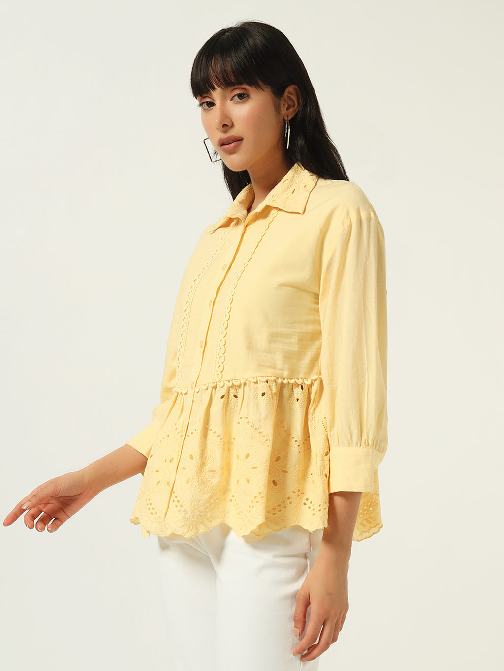 Beatnik Floral Embroidered Cotton Schiffli Cambric Yellow Peplum Top