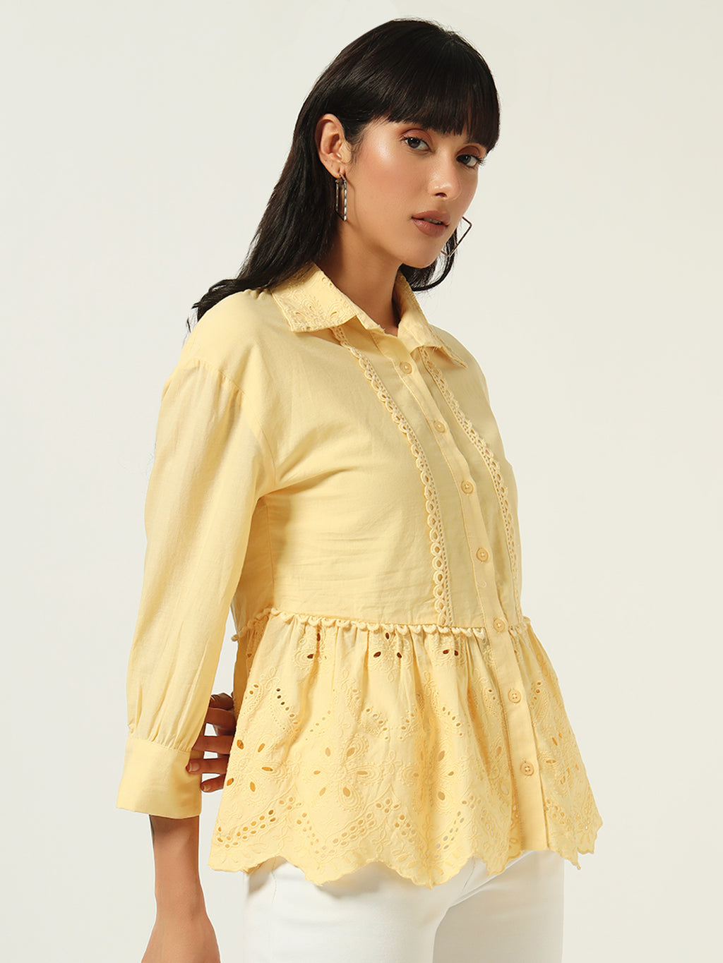 Beatnik Floral Embroidered Cotton Schiffli Cambric Yellow Peplum Top
