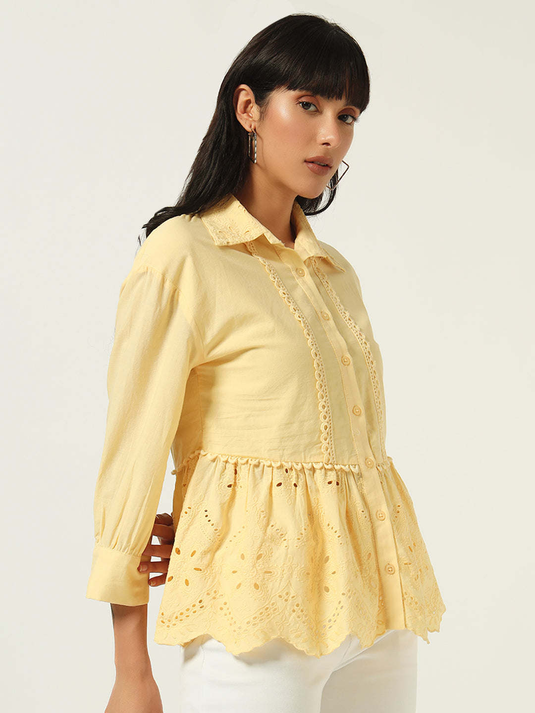 Beatnik Floral Embroidered Cotton Schiffli Cambric Yellow Peplum Top