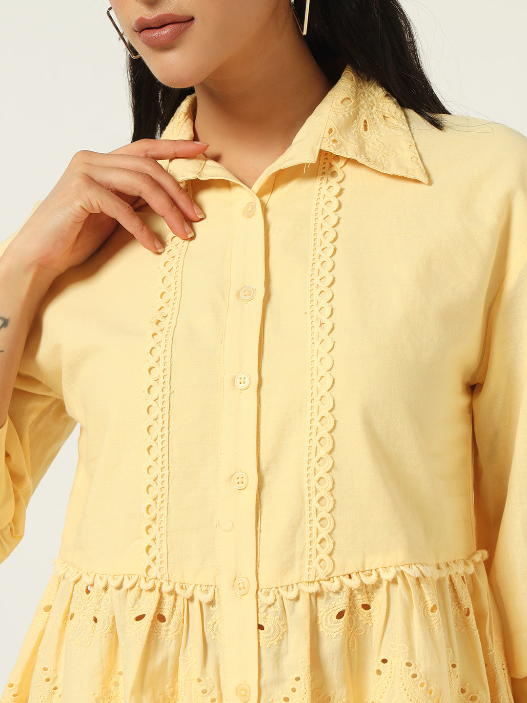Beatnik Floral Embroidered Cotton Schiffli Cambric Yellow Peplum Top