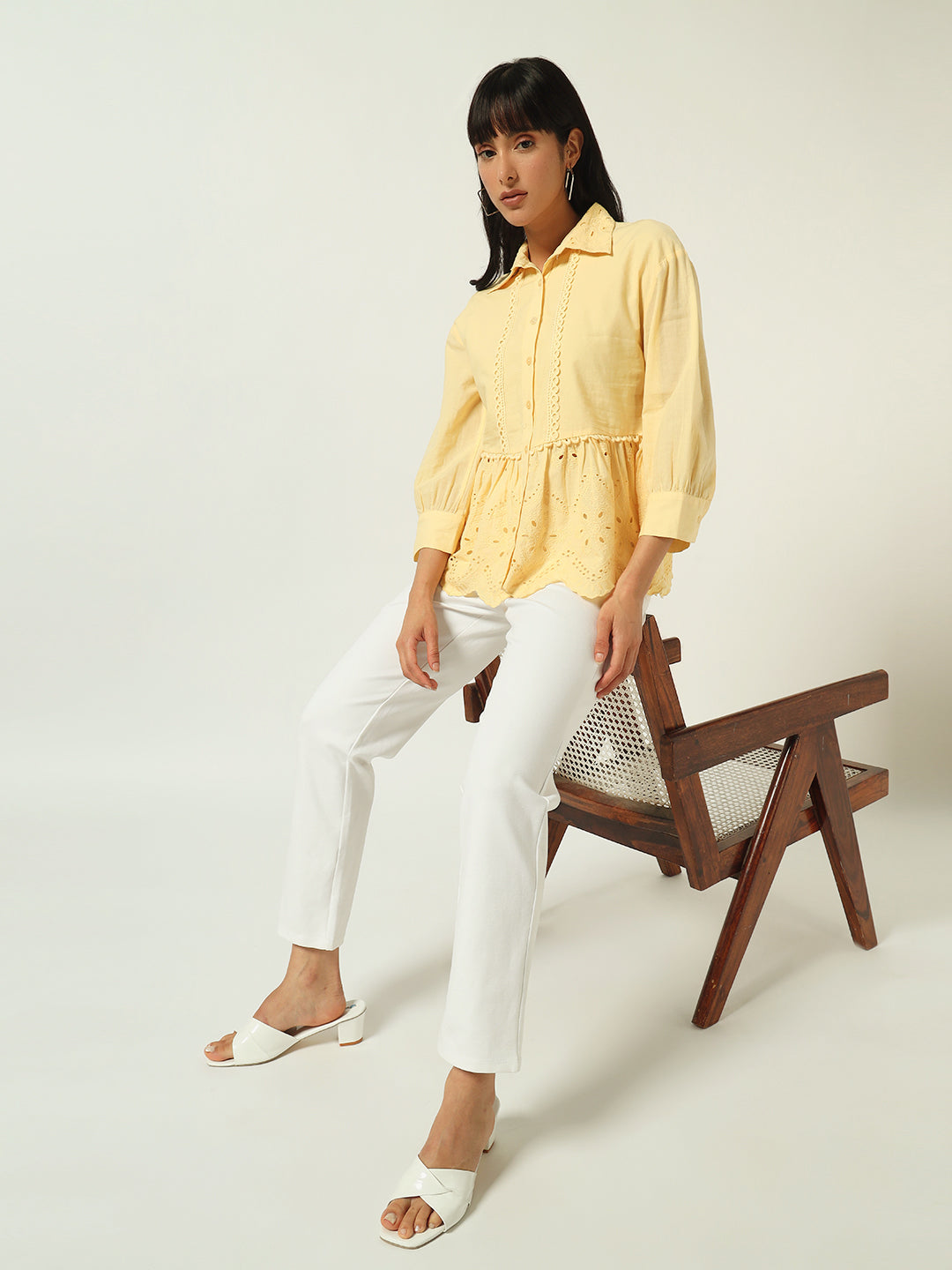 Beatnik Floral Embroidered Cotton Schiffli Cambric Yellow Peplum Top