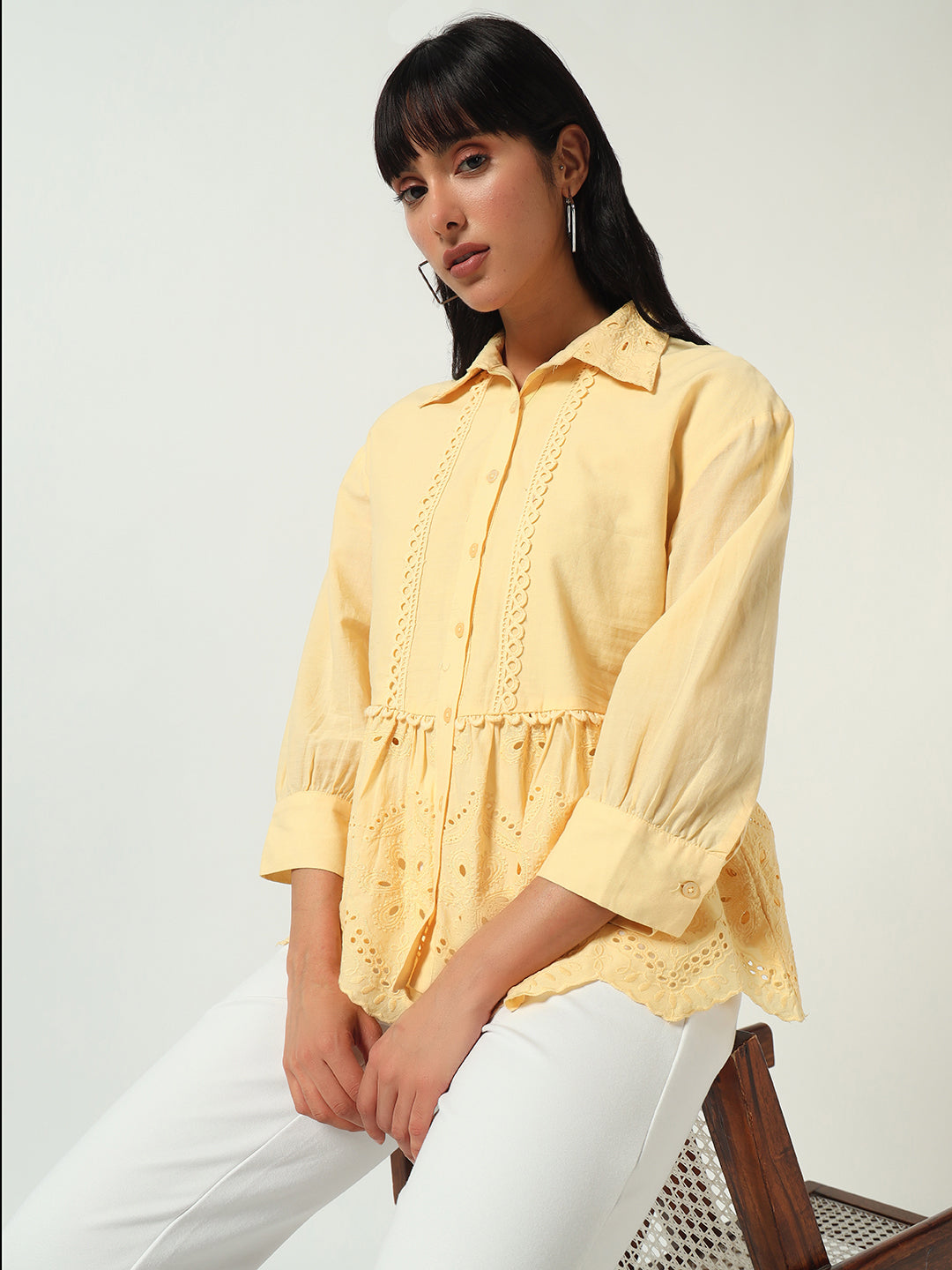 Beatnik Floral Embroidered Cotton Schiffli Cambric Yellow Peplum Top