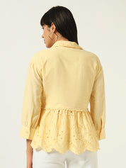 Beatnik Floral Embroidered Cotton Schiffli Cambric Yellow Peplum Top