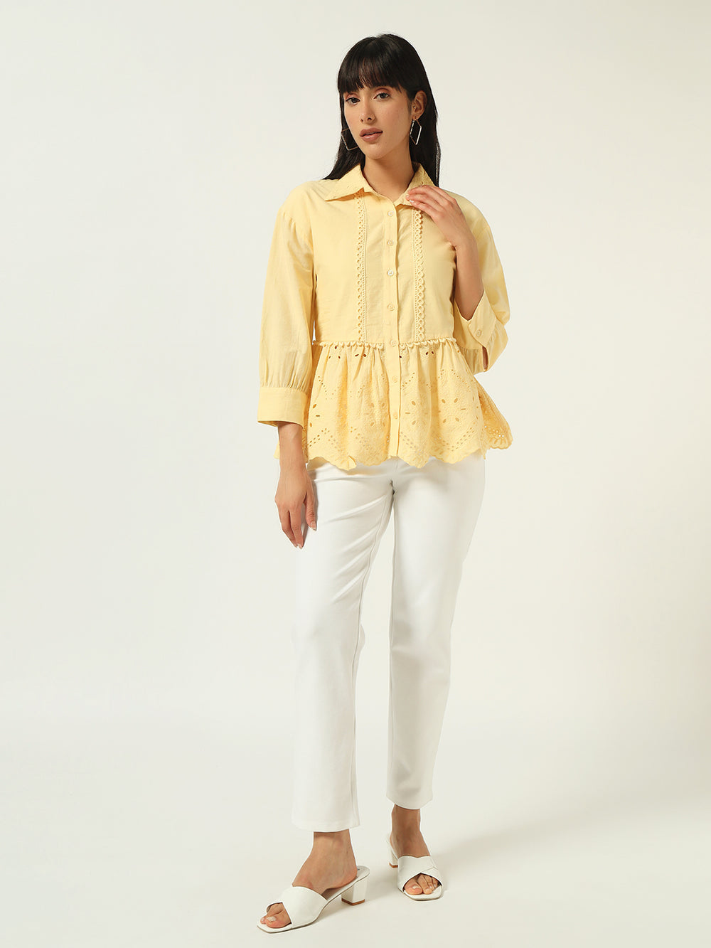 Beatnik Floral Embroidered Cotton Schiffli Cambric Yellow Peplum Top