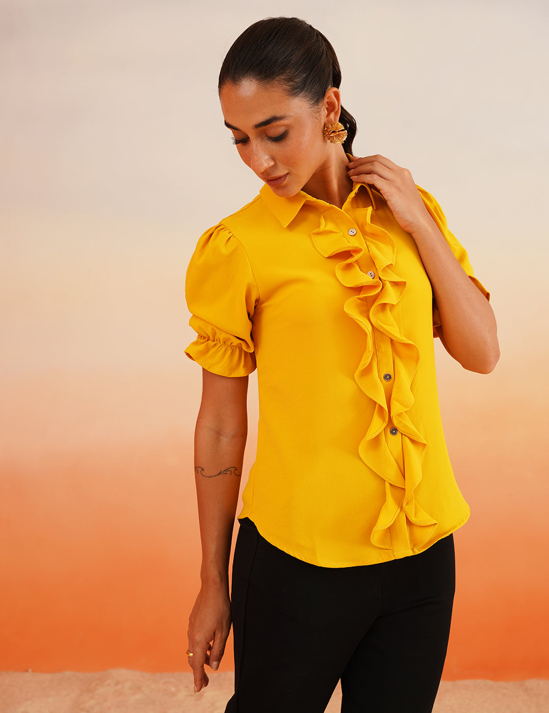 Yellow Ruffle Crepe Shirt Style Top Beatnik