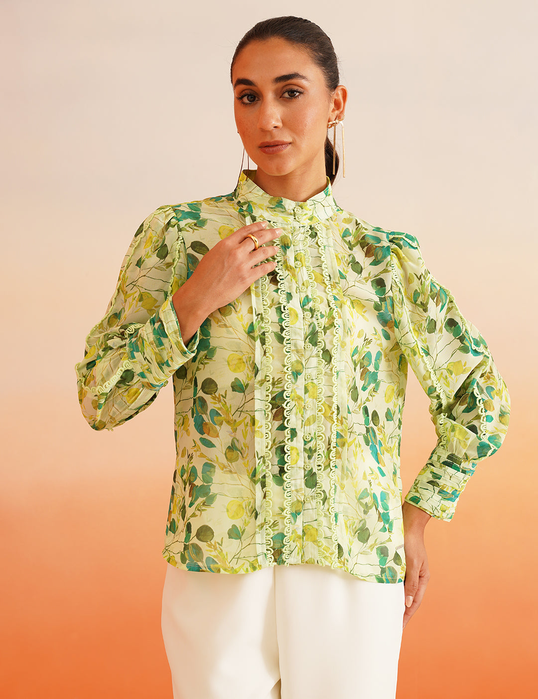 Classic Green Elegant Georgette Shirt Style Top Beatnik