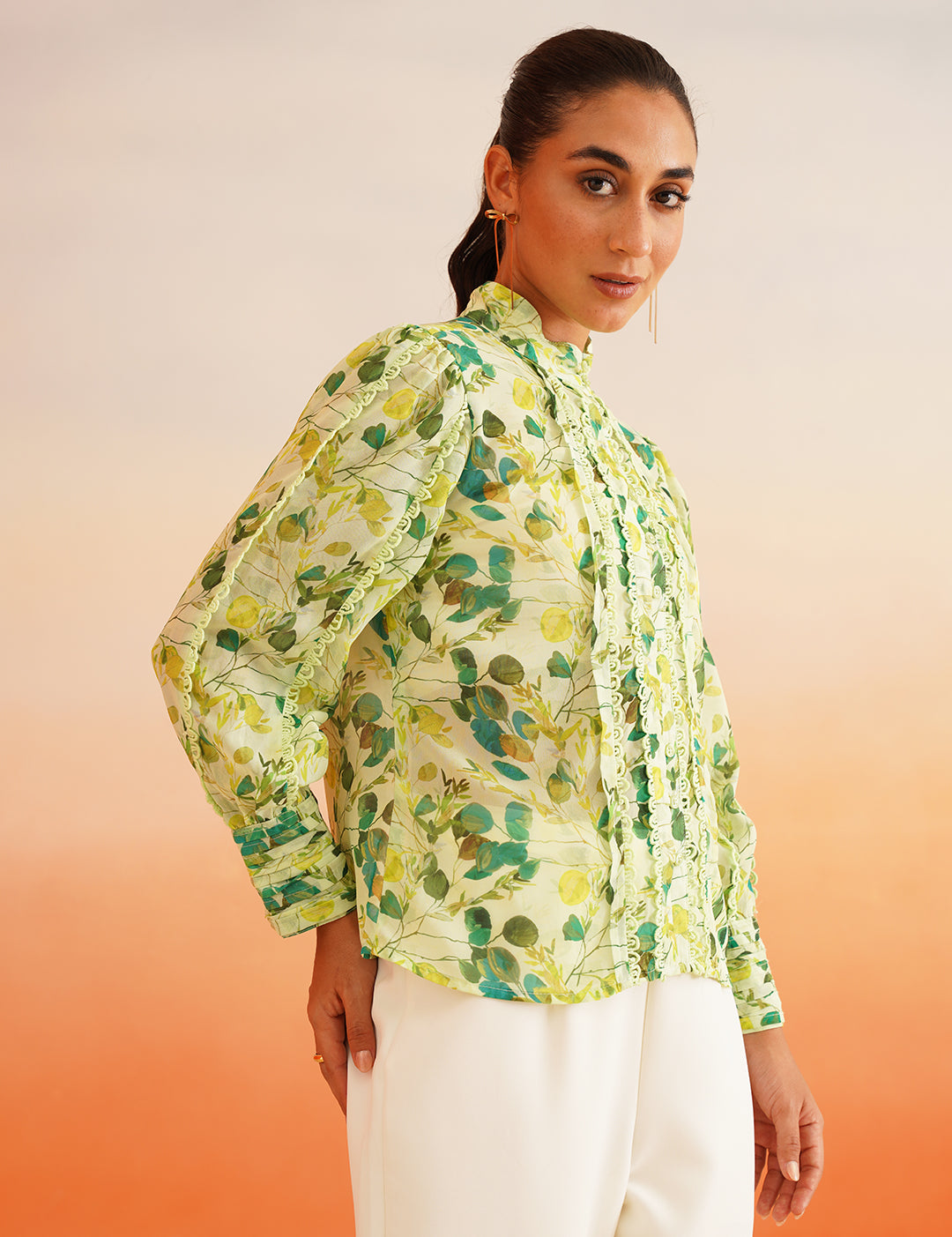 Classic Green Elegant Georgette Shirt Style Top Beatnik