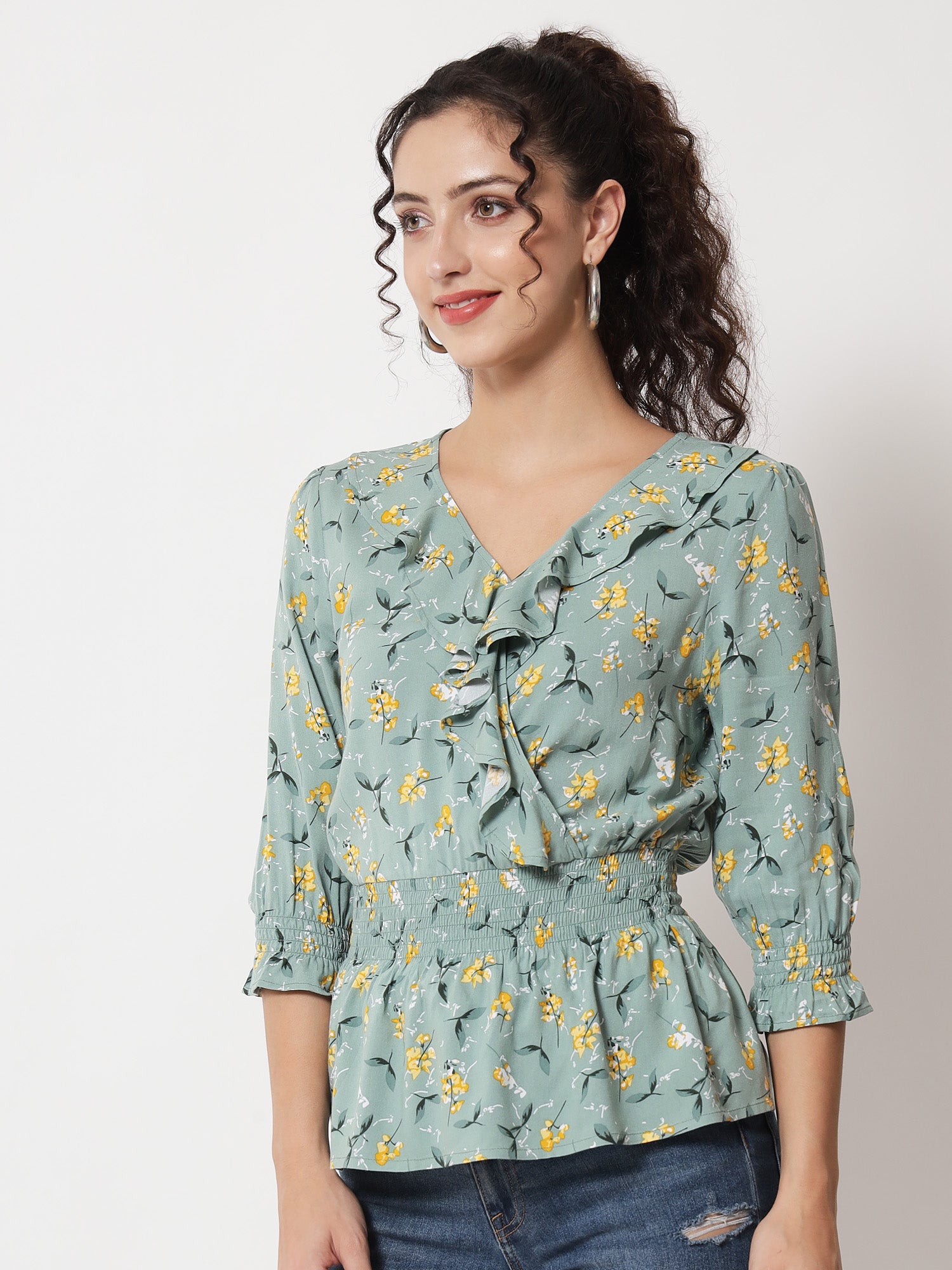 Beatnik Smocked Ruffled Printed Rayon Wrap Top Beatnik India