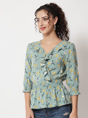 Beatnik Smocked Ruffled Printed Rayon Wrap Top Beatnik India