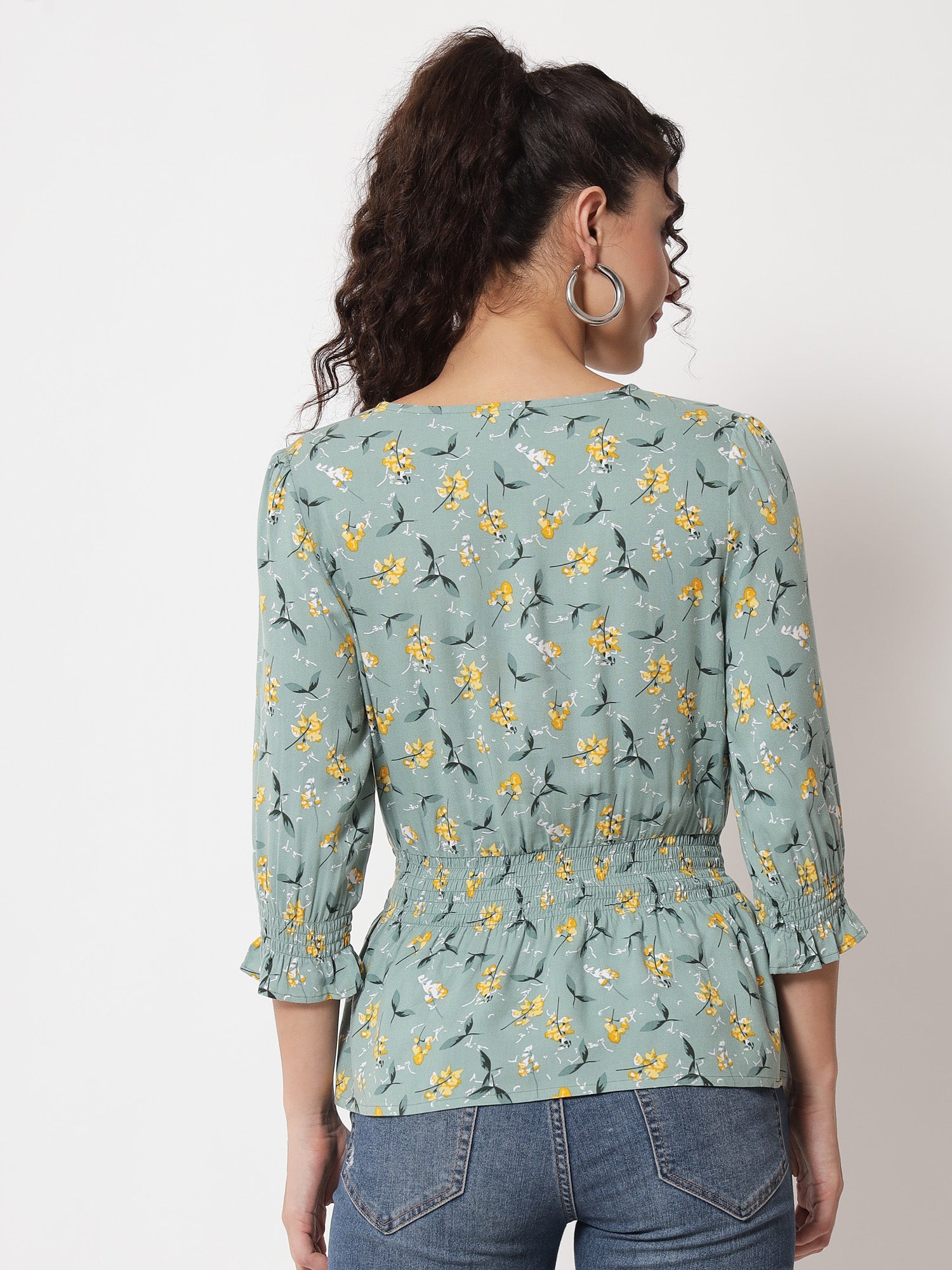 Beatnik Smocked Ruffled Printed Rayon Wrap Top Beatnik India