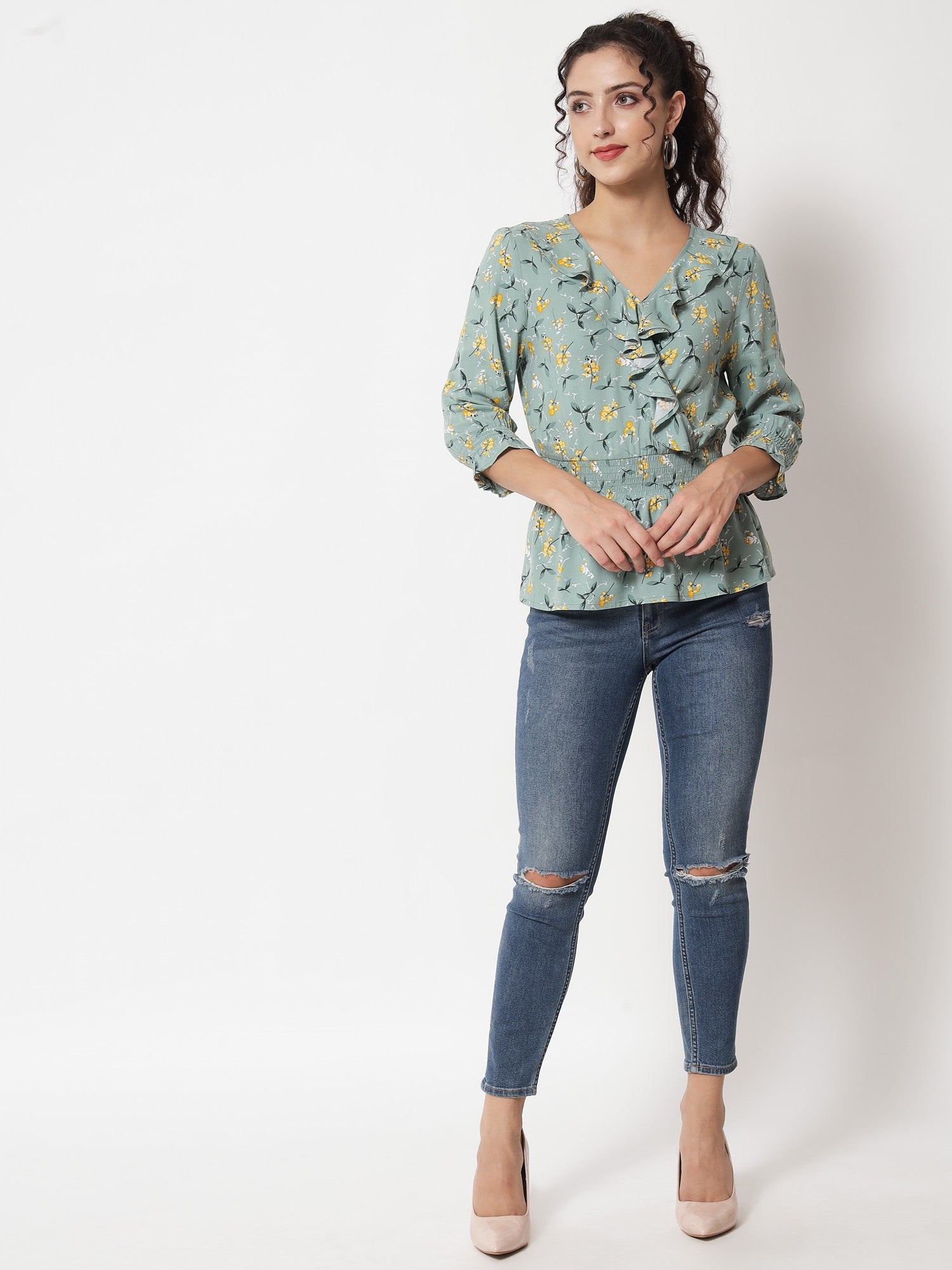 Beatnik Smocked Ruffled Printed Rayon Wrap Top Beatnik India