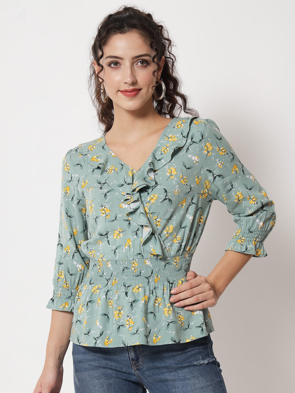 Beatnik Smocked Ruffled Printed Rayon Wrap Top Beatnik India