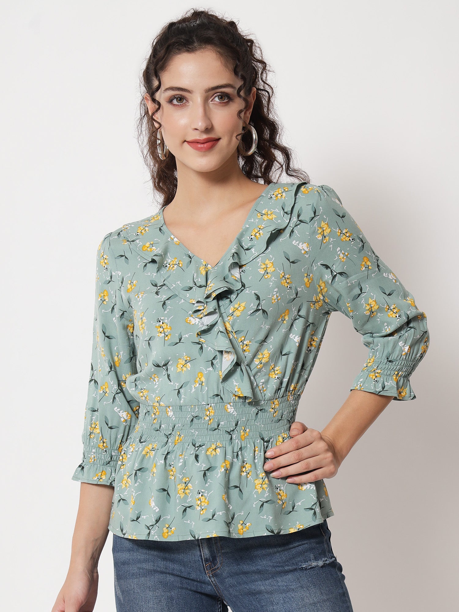Beatnik Smocked Ruffled Printed Rayon Wrap Top Beatnik India