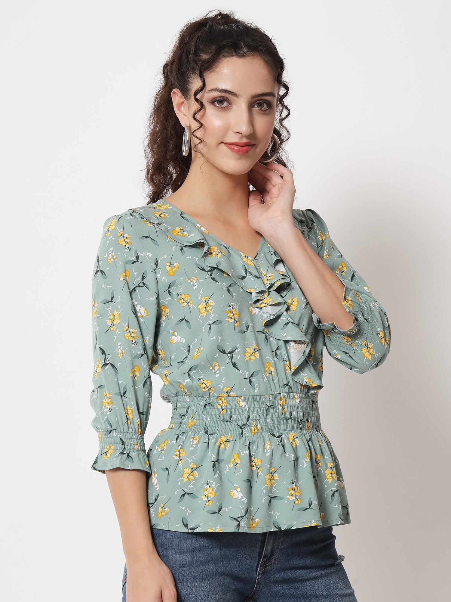 Beatnik Smocked Ruffled Printed Rayon Wrap Top Beatnik India