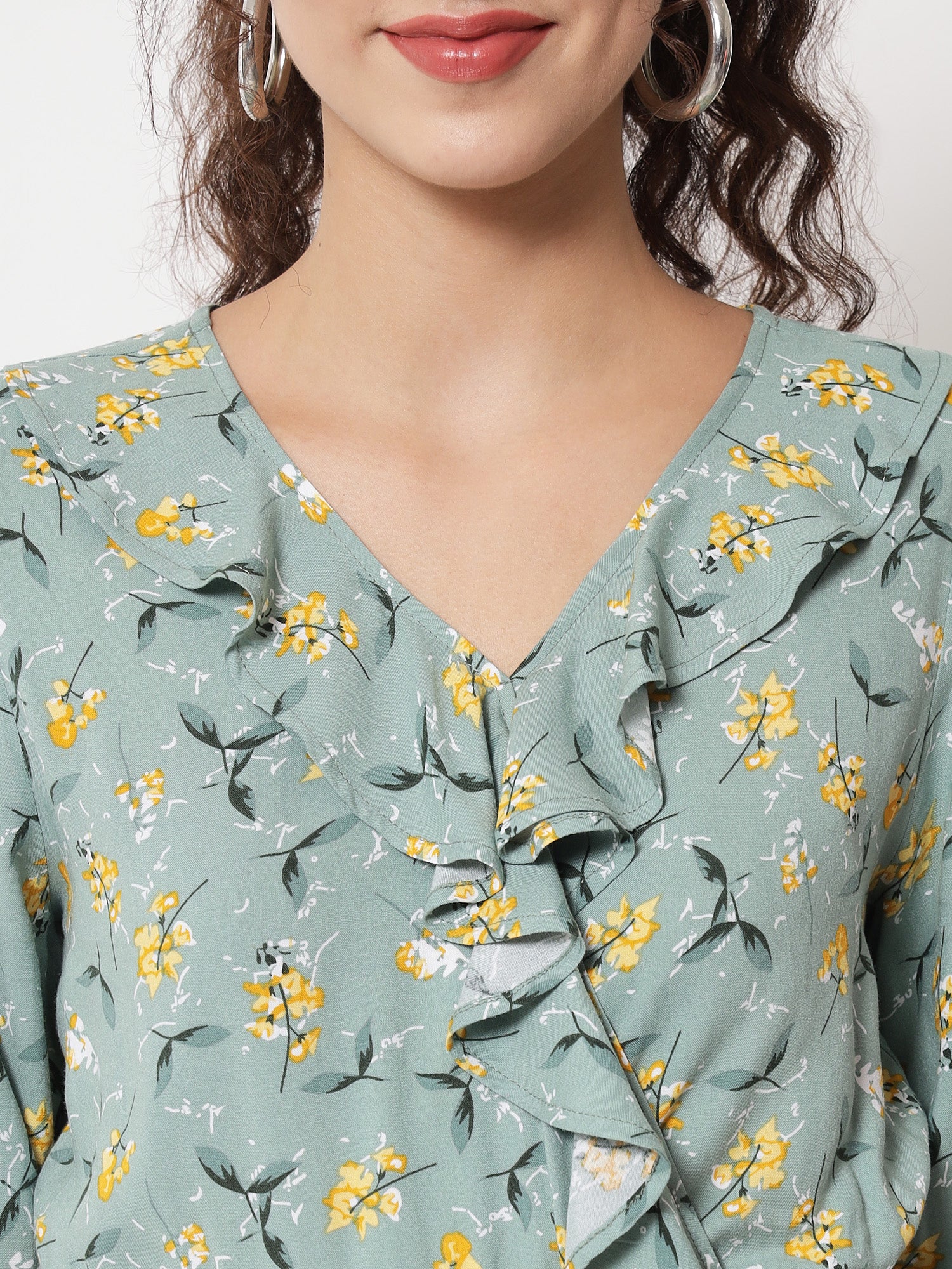 Beatnik Smocked Ruffled Printed Rayon Wrap Top Beatnik India