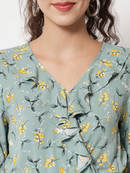 Beatnik Smocked Ruffled Printed Rayon Wrap Top Beatnik India