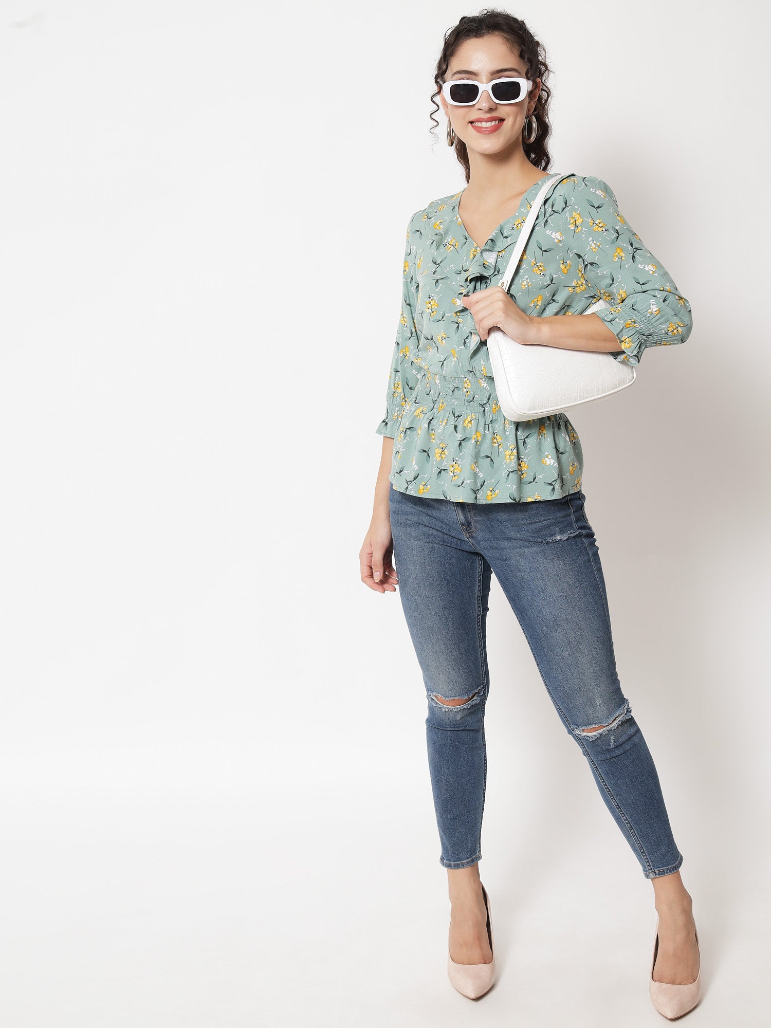 Beatnik Smocked Ruffled Printed Rayon Wrap Top Beatnik India