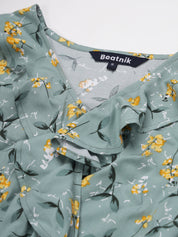 Beatnik Smocked Ruffled Printed Rayon Wrap Top Beatnik India