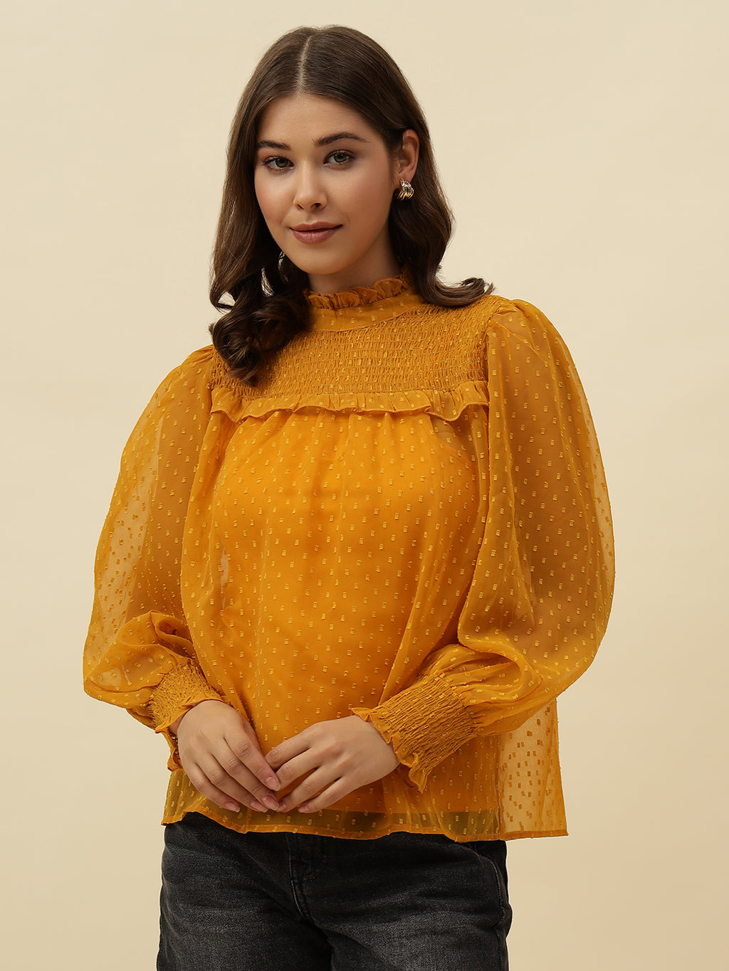 Self Design Elegant Dobby Smoking Orange Top Beatnik India