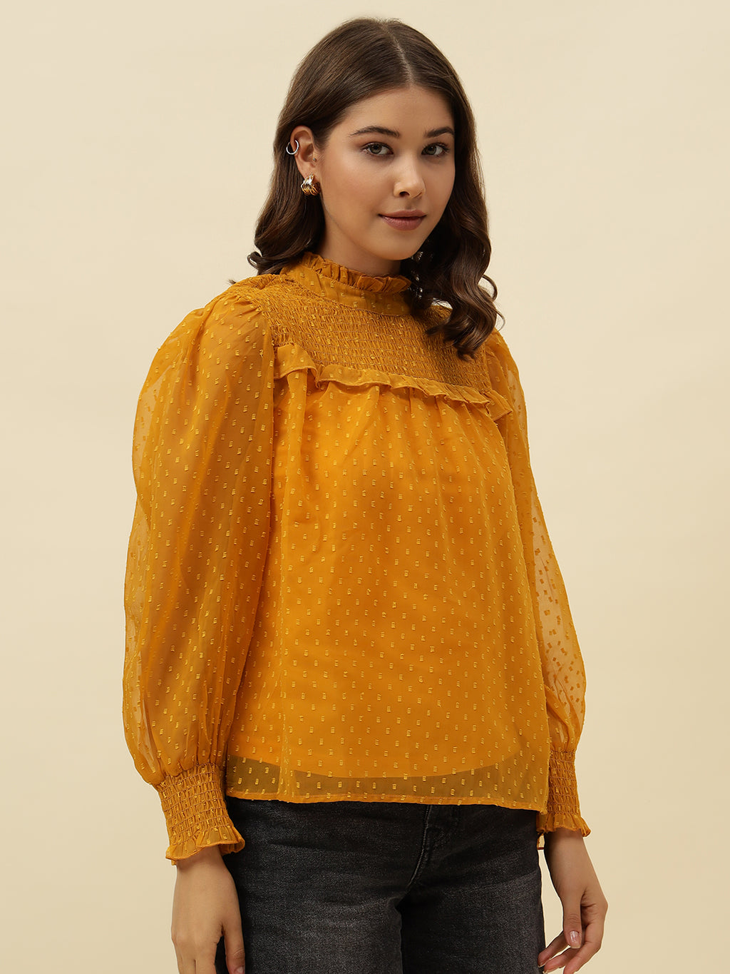 Self Design Elegant Dobby Smoking Orange Top Beatnik India