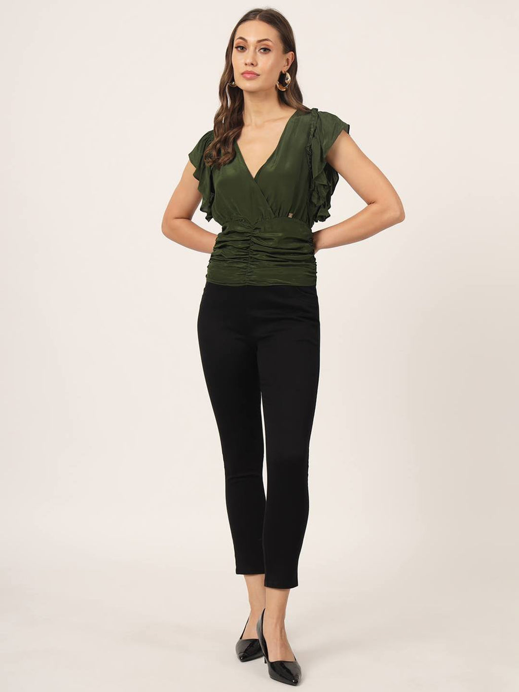 Beatnik Flutter Sleeve V neck Dark Olive Green Top Beatnik India