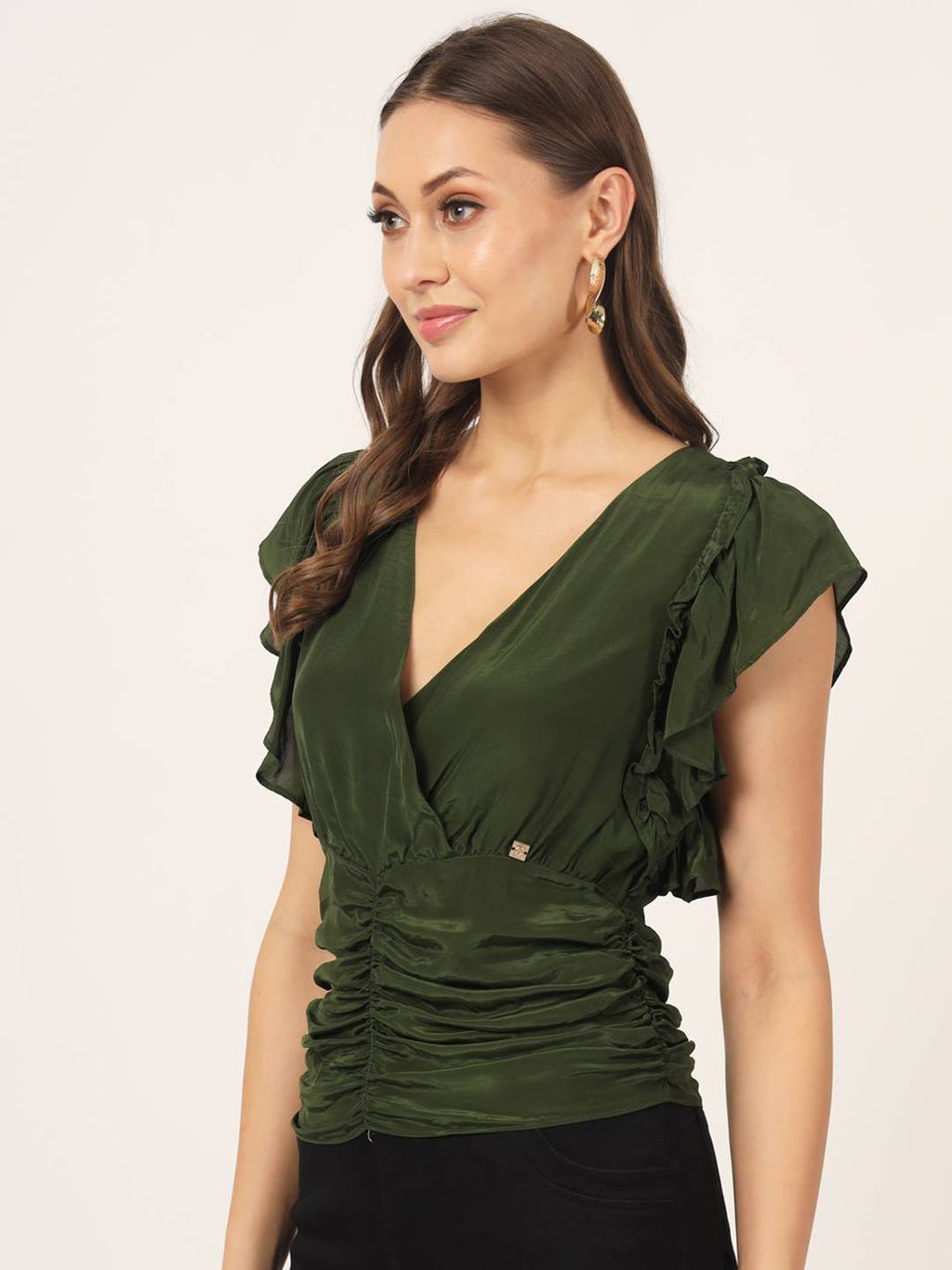 Beatnik Flutter Sleeve V neck Dark Olive Green Top Beatnik India