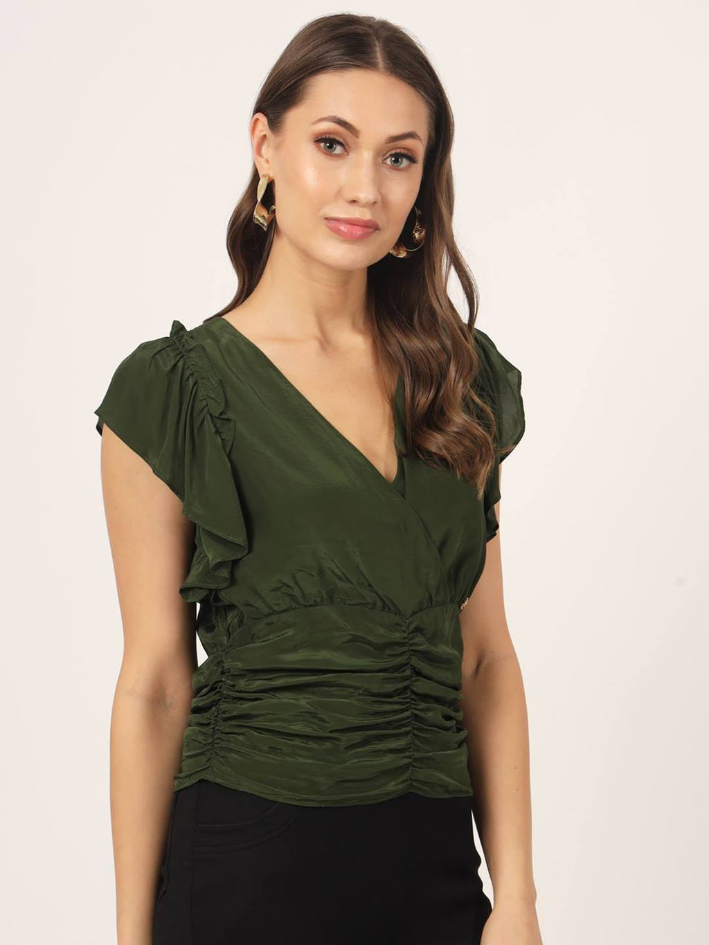 Beatnik Flutter Sleeve V neck Dark Olive Green Top Beatnik India