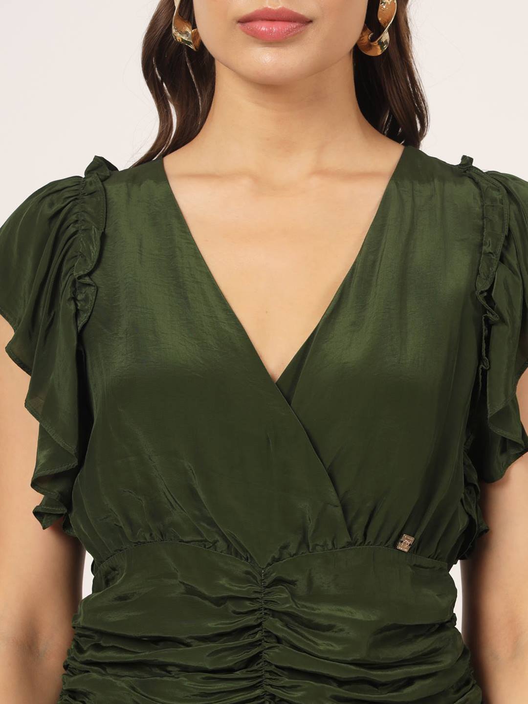 Beatnik Flutter Sleeve V neck Dark Olive Green Top Beatnik India