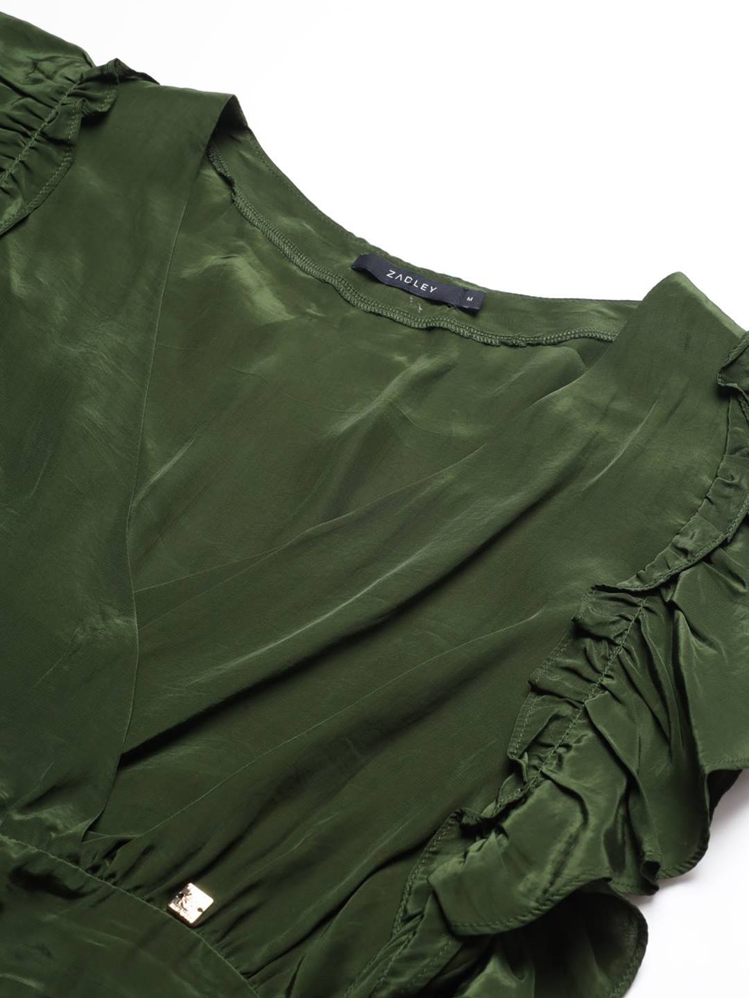 Beatnik Flutter Sleeve V neck Dark Olive Green Top Beatnik India