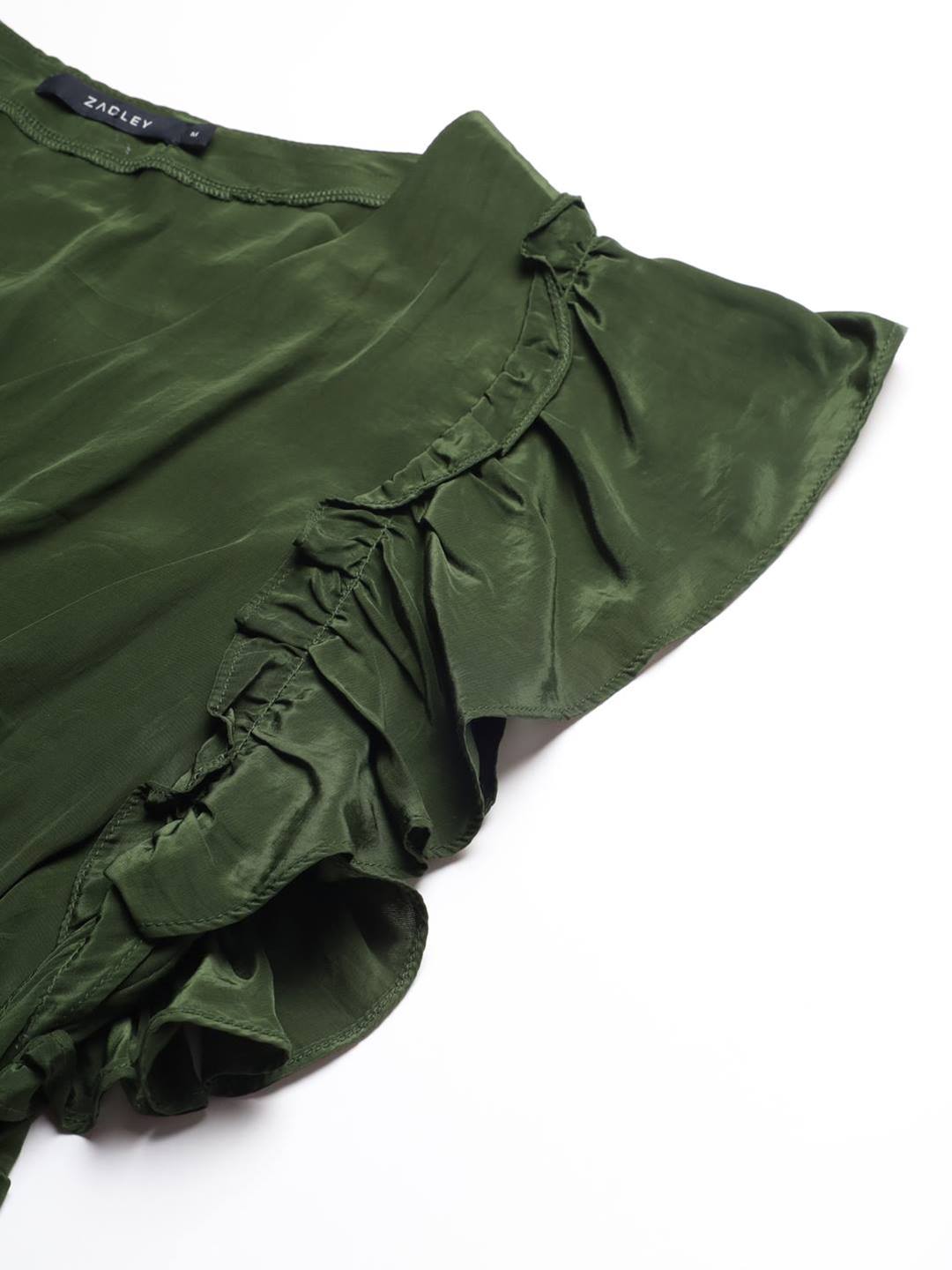 Beatnik Flutter Sleeve V neck Dark Olive Green Top Beatnik India