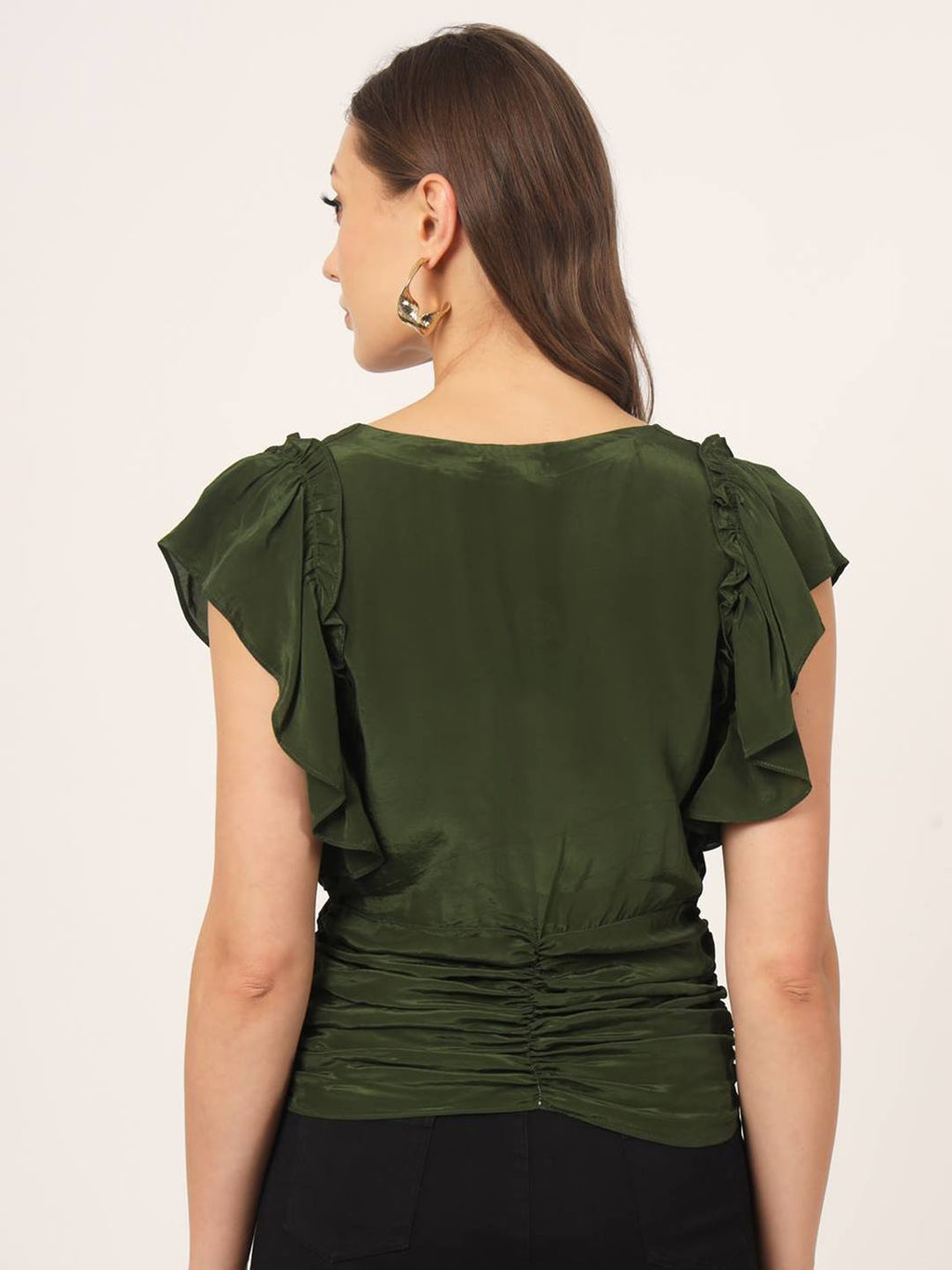 Beatnik Flutter Sleeve V neck Dark Olive Green Top Beatnik India