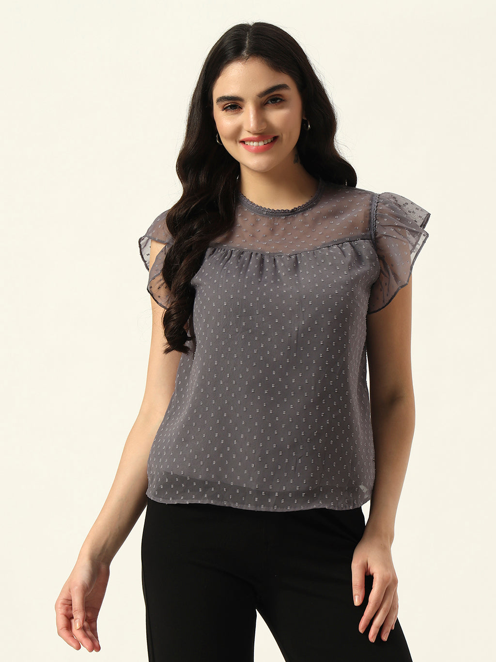 Beatnik Grey Dobby with Ruffled Sleeves Top