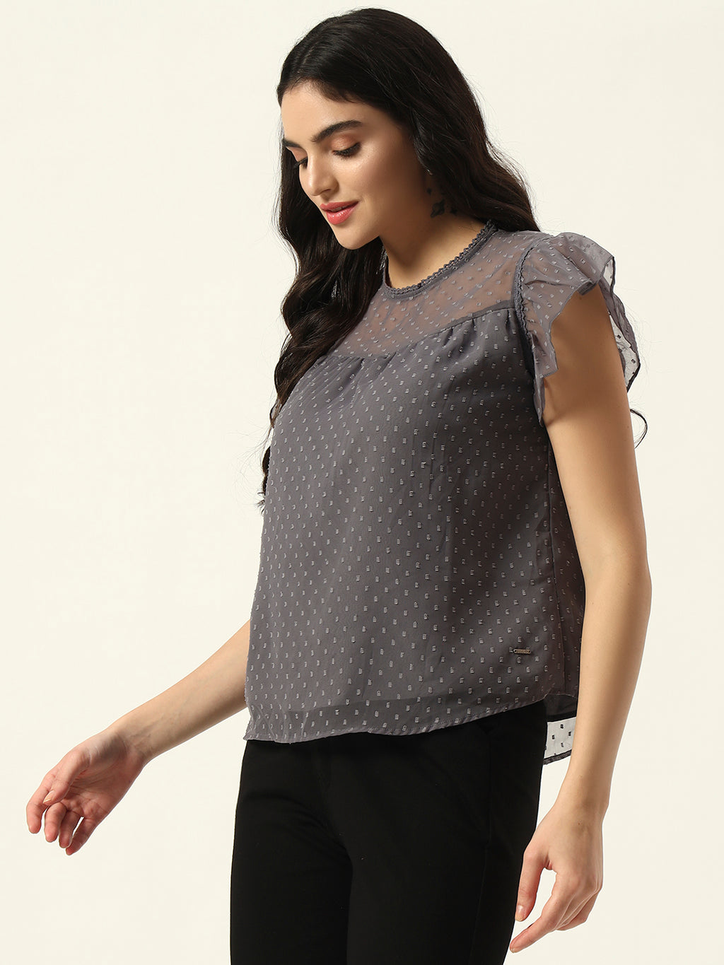 Beatnik Grey Dobby with Ruffled Sleeves Top