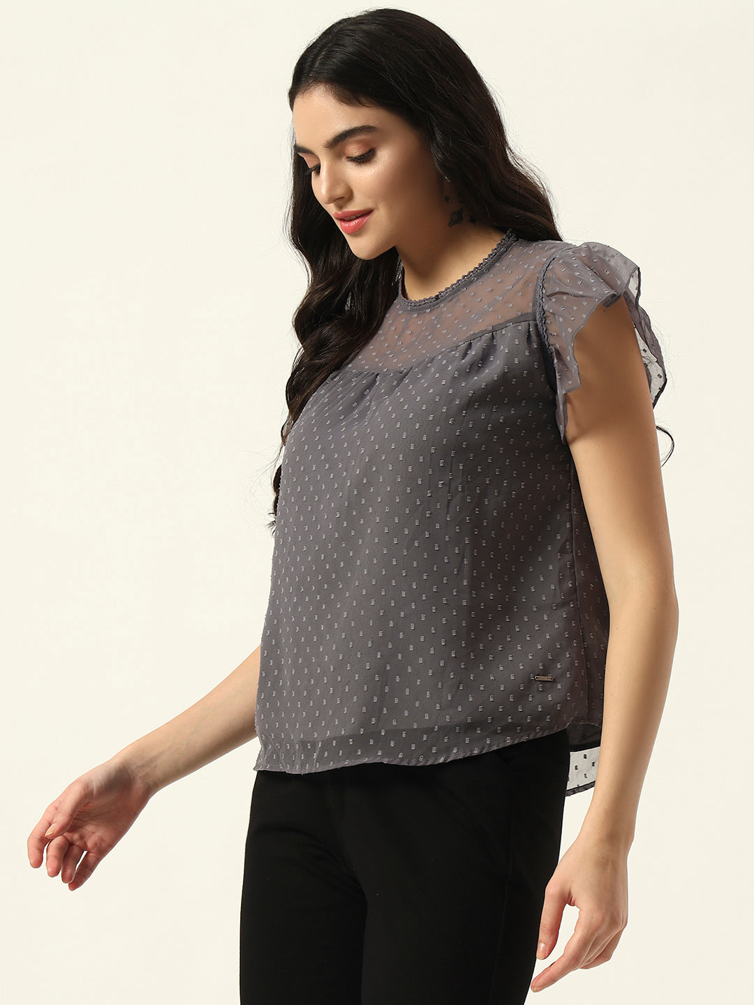 Beatnik Grey Dobby with Ruffled Sleeves Top