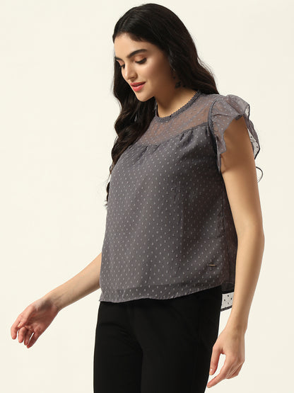Beatnik Grey Dobby with Ruffled Sleeves Top
