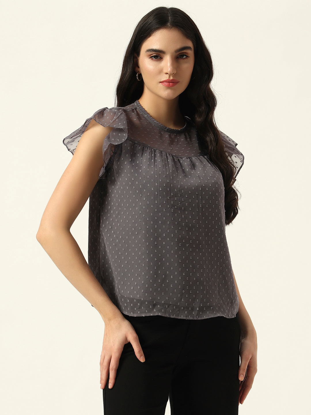 Beatnik Grey Dobby with Ruffled Sleeves Top