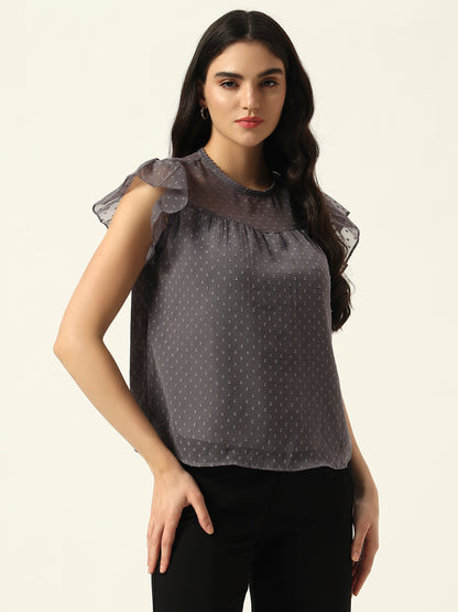 Beatnik Grey Dobby with Ruffled Sleeves Top