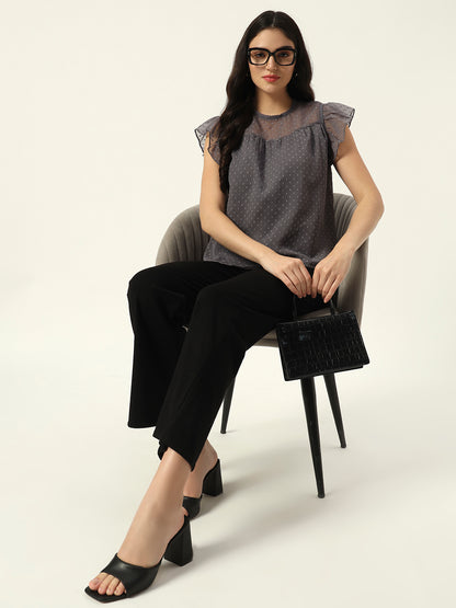 Beatnik Grey Dobby with Ruffled Sleeves Top