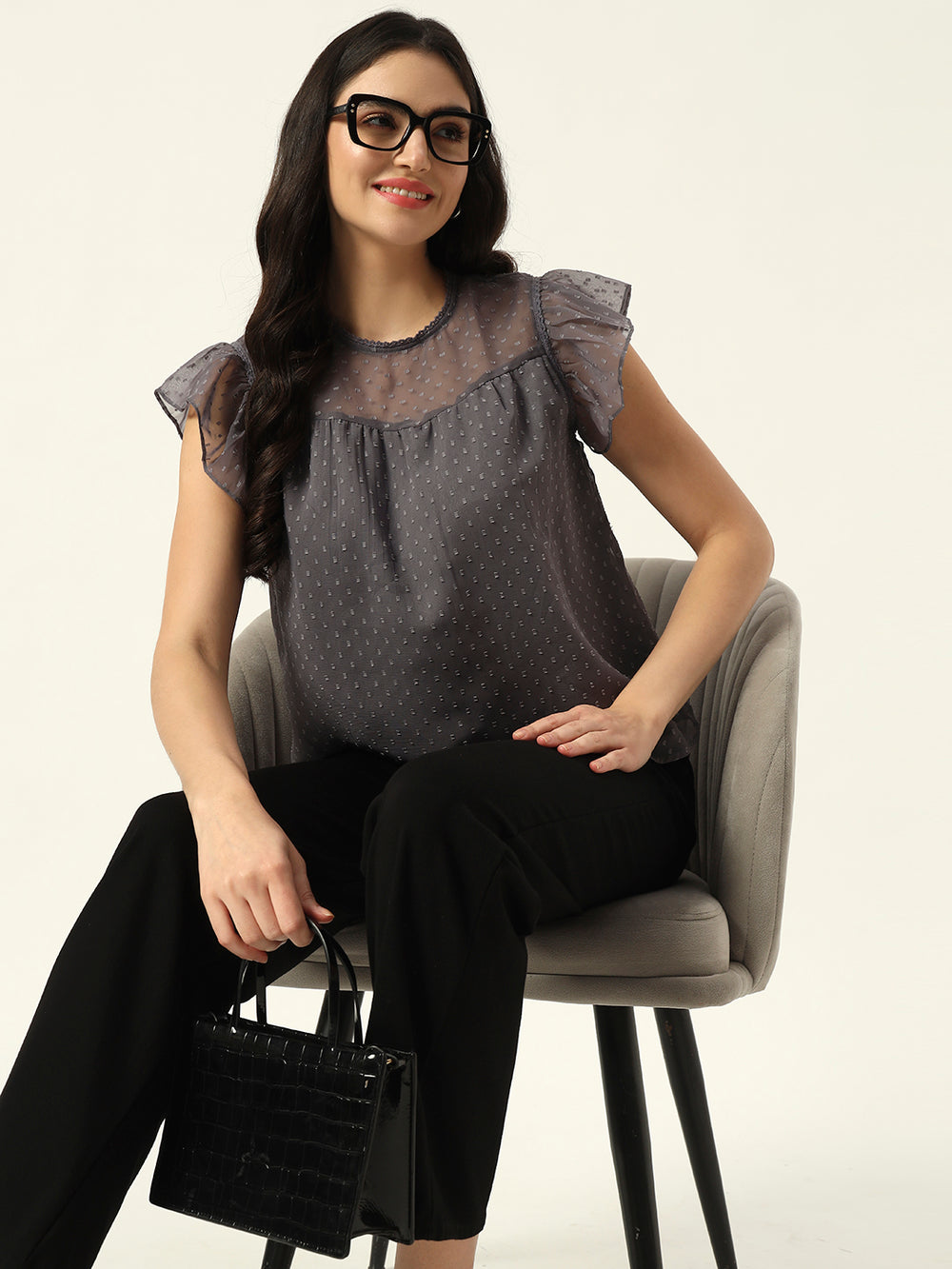 Beatnik Grey Dobby with Ruffled Sleeves Top