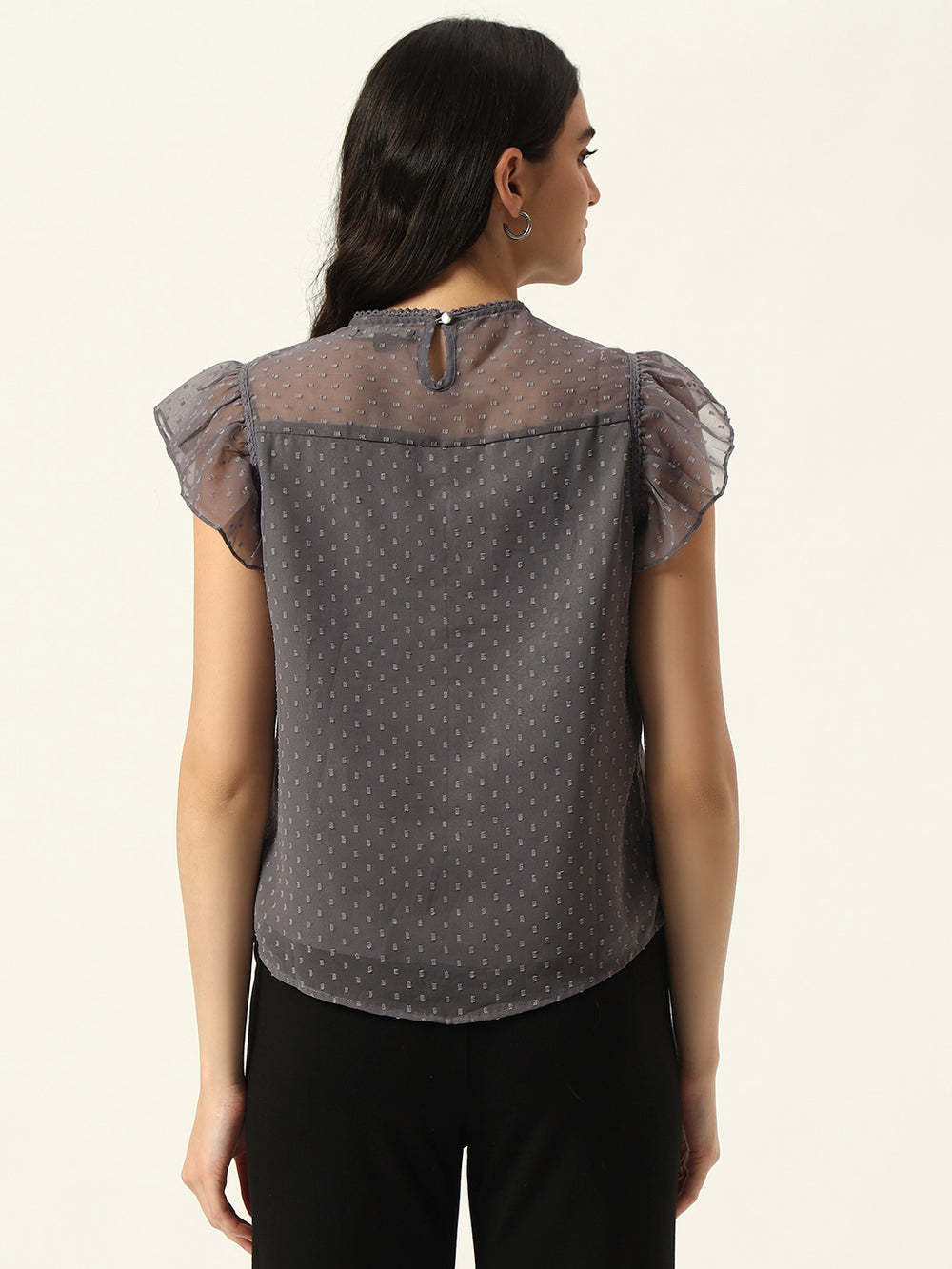Beatnik Grey Dobby with Ruffled Sleeves Top