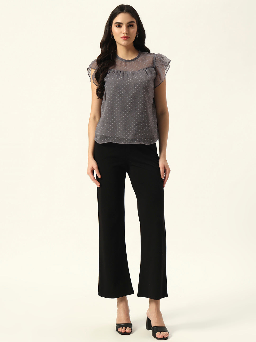 Beatnik Grey Dobby with Ruffled Sleeves Top