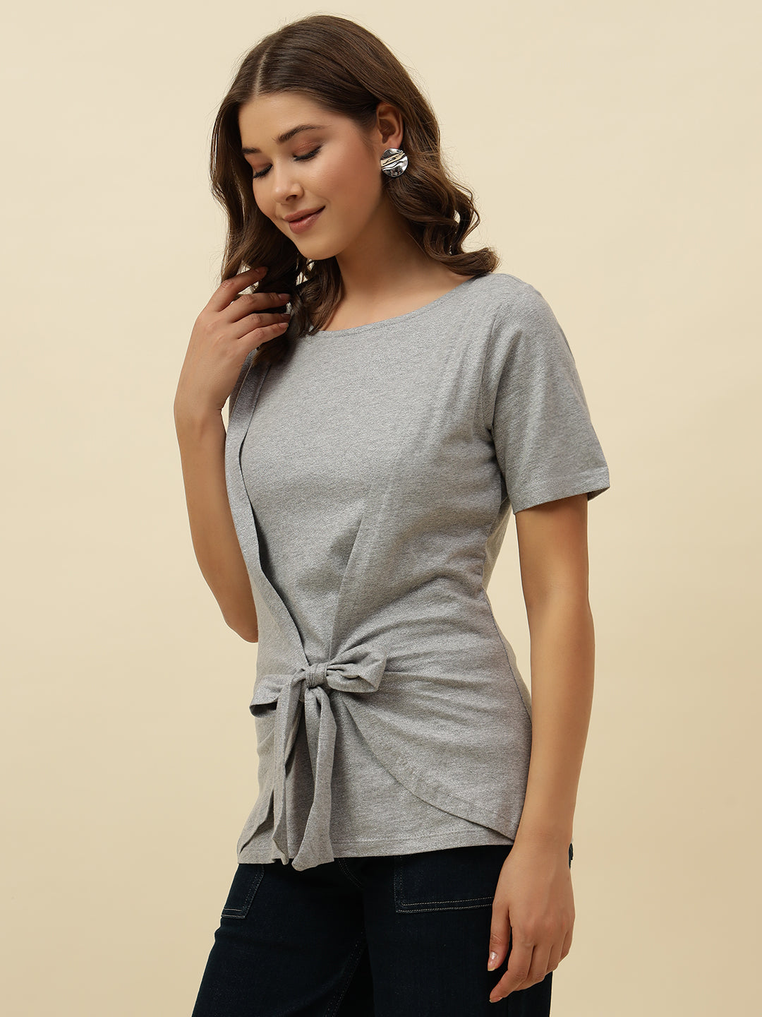 Beatnik Solid Casual Wear Short Sleeve Cinched Waist Top Beatnik India