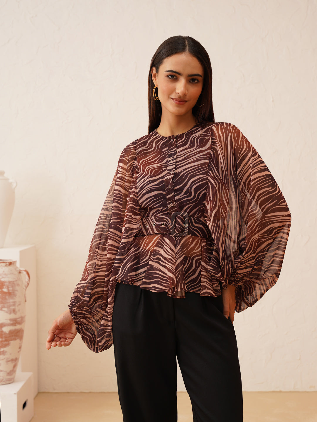 Animal Print Batwing Sleeve Top with Belt Beatnik India